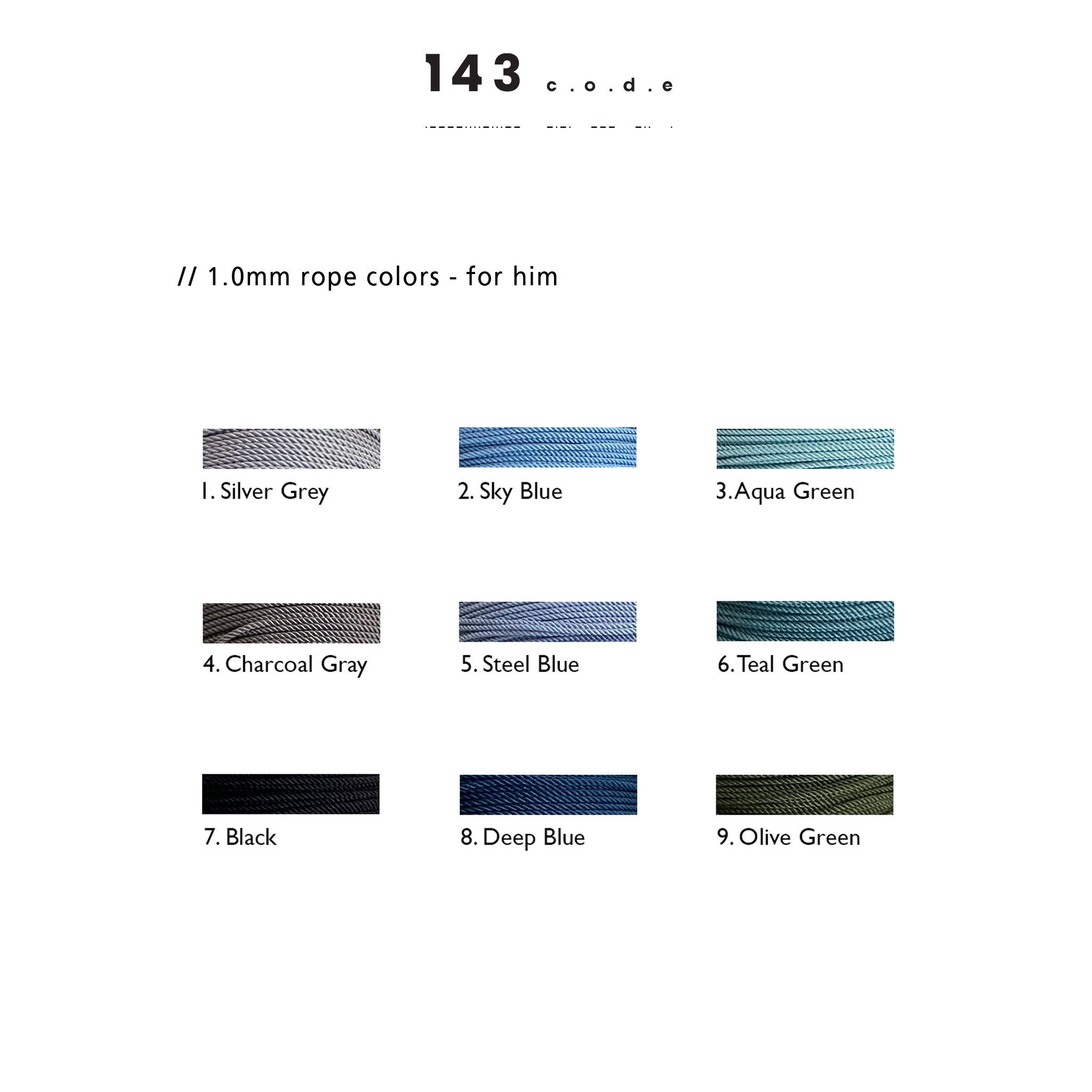 143Code rope color guide for men’s bracelets — steel blue, charcoal, black, olive, and grey options