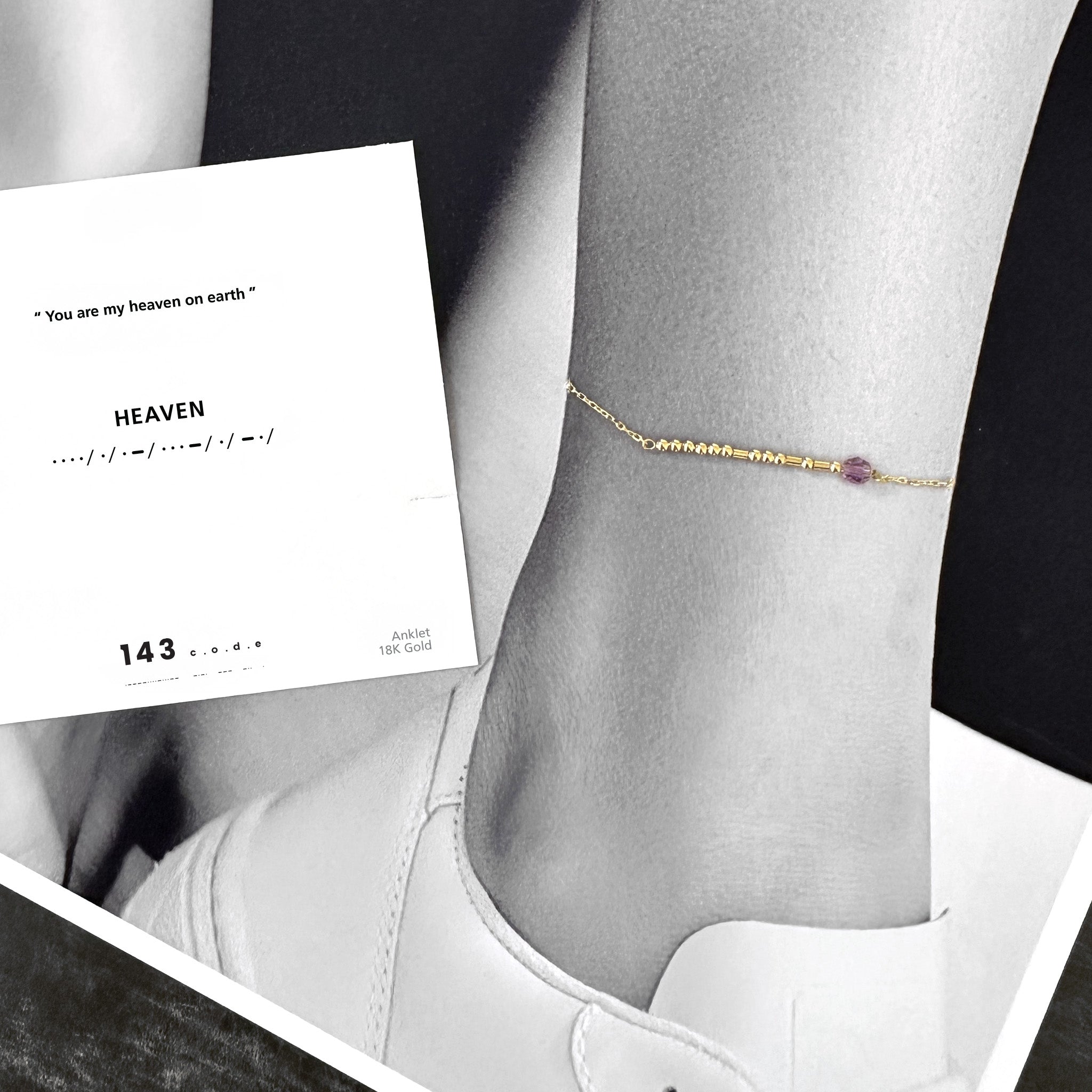 Delicate 18k solid gold Morse code anklet with birthstone — stylish personalized gift for her