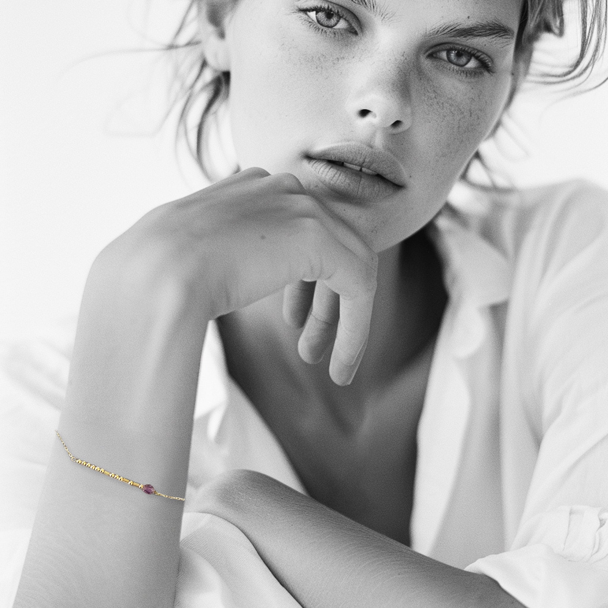 18k gold Morse code bracelet with Swarovski birthstone — personalized birthday gift for her