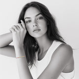 Model wearing 18k gold Morse code bracelet on colorful nylon cord — personalized gift for her birthday or friendship